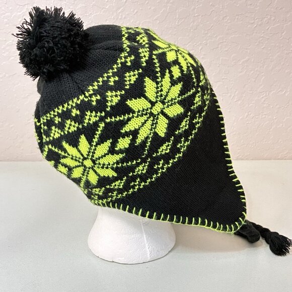 Nordic Knit Hat Black Green Pom Pom Bobble One Size Winter Grunge - Picture 3 of 10
